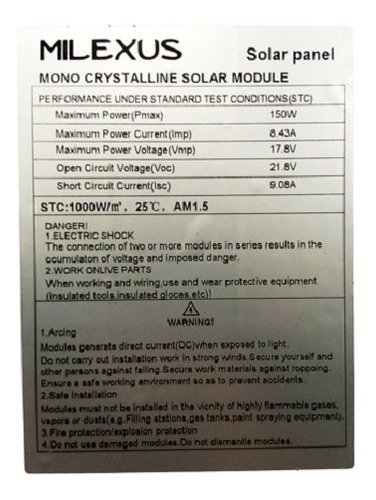 Imagen 6 de 6 de Panel Solar Mono Cristalino Milexus 150w (los Teques)