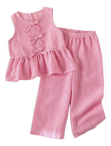 Conjunto Para Niñas Top De Moños Pantalón Pie Ancho Rayas Rosa - Blanco 7 Años