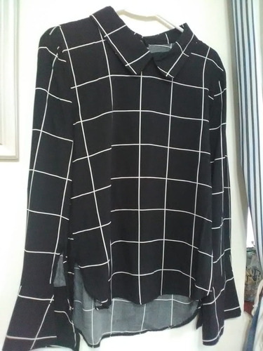 Camisa Mujer Cuadros Negra Prende Atrás. T M. Nueva!