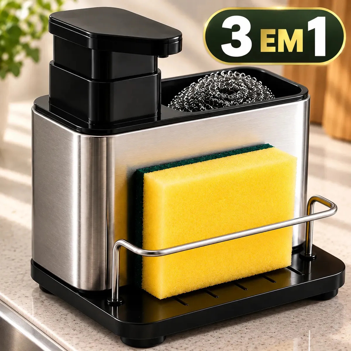 Dispenser Detergente 3 Em 1 Com Porta Esponja Organizador De Pia Em Aço Inox Para Cozinha  Sabão Líquido E Utensílios