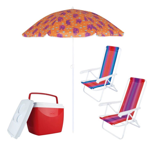 Kit 2 Cadeiras De Praia + Guarda-sol + Caixa Térmica 18 Litr