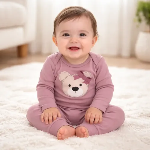 Conjunto Body Bebê Menina Manga Longa Ursinha Com Calça