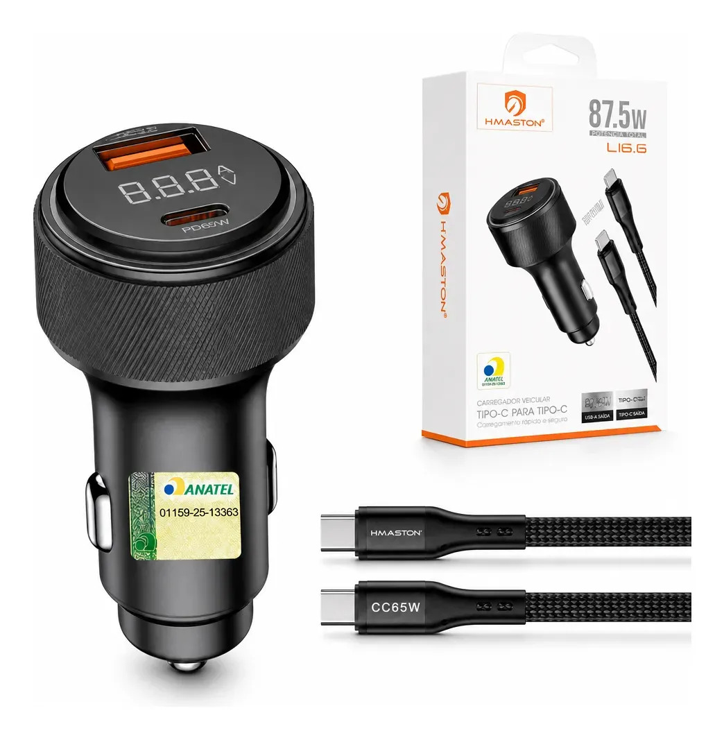 Carregador Veicular Turbo 87,5w + Cabo C-c Preto - H'maston L16-6