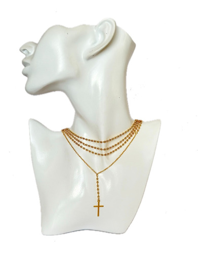 Collar Dama Rosario Triple Cruz Chapado Oro 24 Kl + Caja
