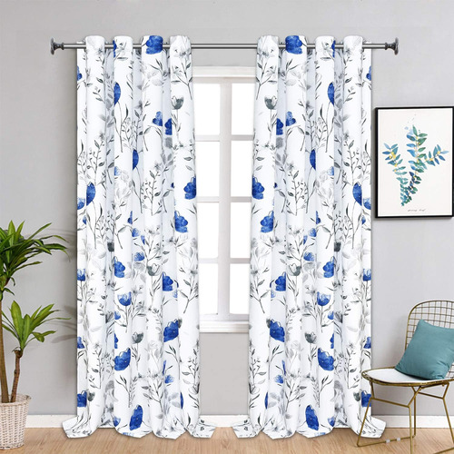 Vertkrea Cortinas De Ventana De Acuarela Con Flores, Azules