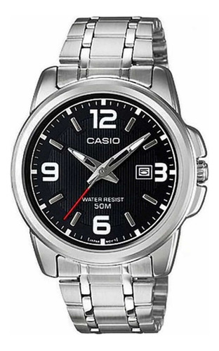 Reloj Pulsera Casio Enticer Mtp-1314 De Cuerpo Color Plateado, Analógico, Para Hombre, Fondo Negro, Con Correa De Acero Inoxidable Color Plateado, Agujas Color Gris, Blanco Y Rojo, Dial Blanco Y Gris,