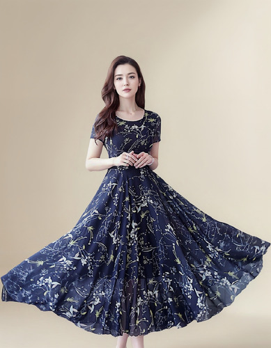 Vestido Largo Tipo Evasé Con Estampado De Flores