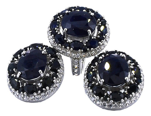 Juego De Plata Con Piedra Natural Zafiro Color Azul Oscuro