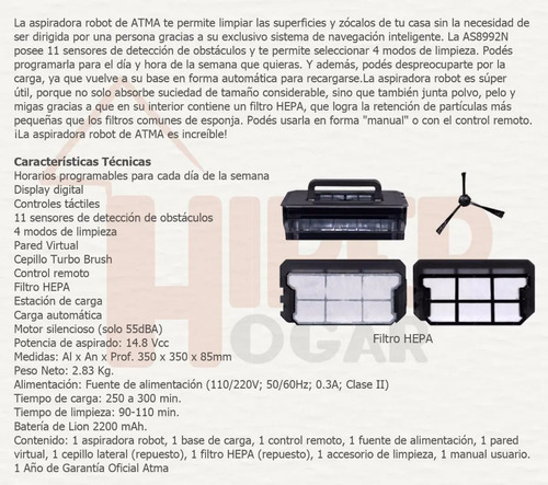 Aspiradora Robot Atma Inteligente As8992n Filtro Hepa | Envío gratis
