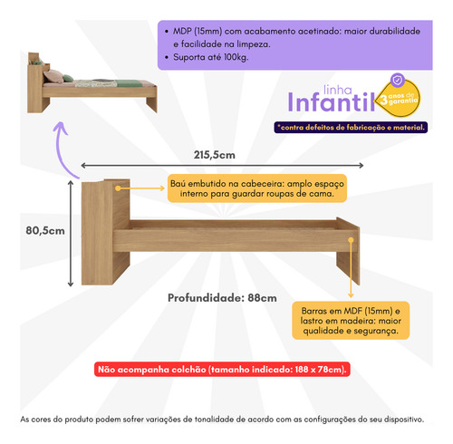 Cama Solteiro P/ Colchão 188x78cm Com Baú Multimóveis Mp4229 Cor Rustic