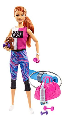 Muñeca Barbie Fitness, Pelirroja, Con Cachorro Y 9 Accesorio