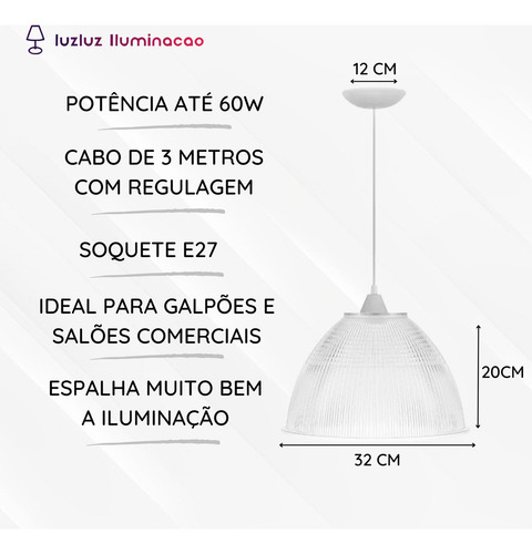 Kit 3 Luminária Galpão Industrial 12 Pol 32 Cm Cabo 3 Metros Cor Branco 110v/220v