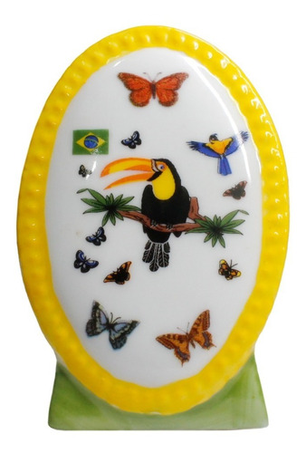 Enfeite Decoração Pássaros Brasil Em Cerâmica Oval 146g 11cm