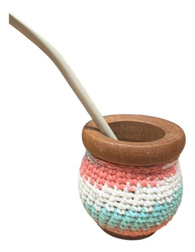 Mates De Madera Decorados Tejidos Crochet Con Bombilla Coral Esmeralda Matizado Coral Esmeralda