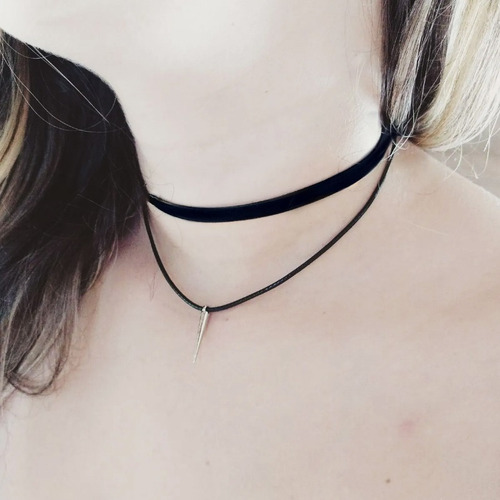 Choker Gargantilha Couro Sintético Preto Duplo Cordão Ponta