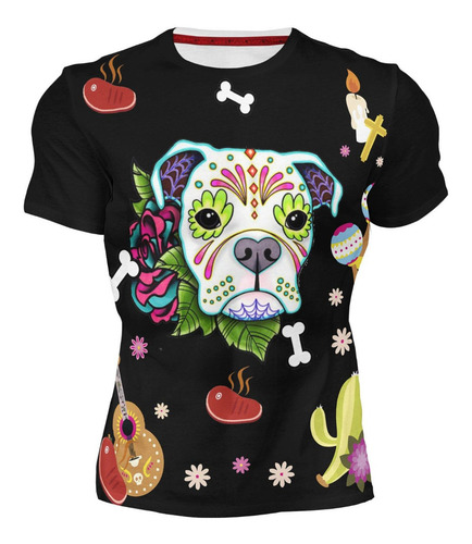 Playera Sublimada Perro Boxer Huesitos Dia De Muertos