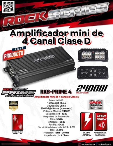 Amplificador 4 Canales Rock Series Rks-prime4 Clase D . Negro