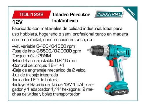 Taladro Percutor Atornillador 12 V 1350 Rpm Total 2 Baterias