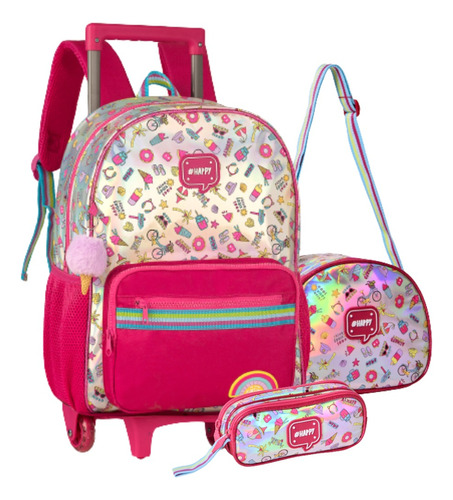 Kit Mochila Rodinha Escolar Infantil Lancheira E Estojo Nova