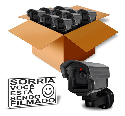 Kit 10 Câmeras Falsas Com Led Bivolt + 10 Placas Sorria