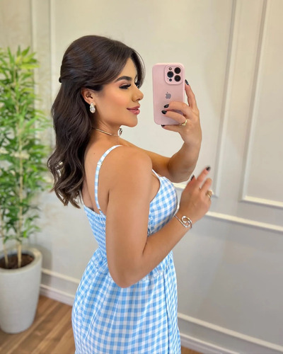 Vestido Feminino Midi Longuete Xadrez Com Lastex Alças Finas