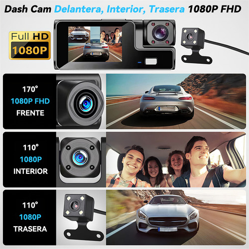 Grabadora De Coche Teléfonos Wifi Hd 1080p 3 Pantalla Cámara Monitoreo 360° En Alta Definición Conectividad Inteligente Vía Wi-fi