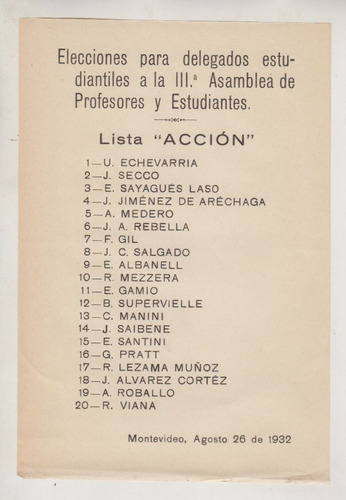 1932 Lista Accion Elecciones Facultad De Derecho Montevideo