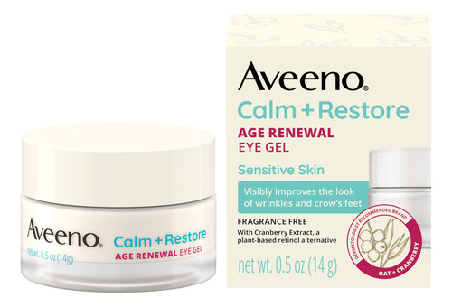 Aveeno Calm + Restore Eye Gel Age Renewal 0.5 Oz 14 G Sensitive Skin Sin Fragancia, Con Vitamina B3, Extracto De Avena Y Arándano, Mejora El Aspecto De Las Arrugas Y Las Patas De Gallo.