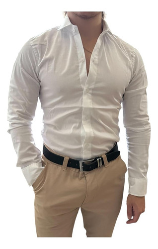 Camisa De Vestir Hombre Elastizada Manga Larga Entallada