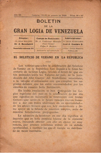 Boletin 36-37 Gran Logia De Venezuela 1920 Masoneria