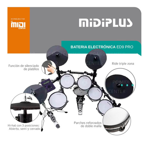Imagen 4 de 8 de Batería Electrónica Midiplus Ed9 Pro 6 Cuerpos 4 Platillos