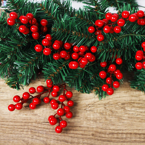 Paquete 24 Tallos Bayas Rojas Artificiales Para Navidad