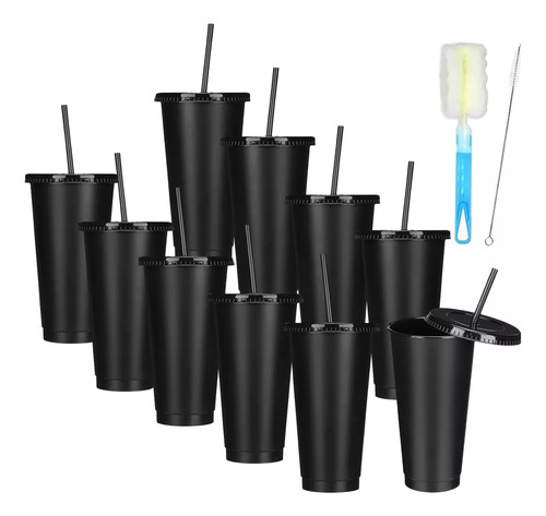 10 Vasos Reutilizables Plástico 710 Ml C/tapa Y Popote