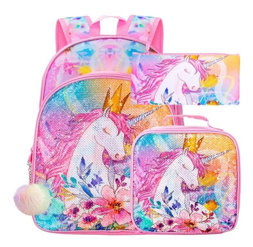 Mochila Unicornio Set Primaria Lentejuela Lonchera Lapicera