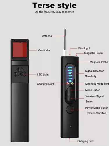 Detector Camara Espia Oculta Gps Rf Infrarrojos Recargable Color Negro