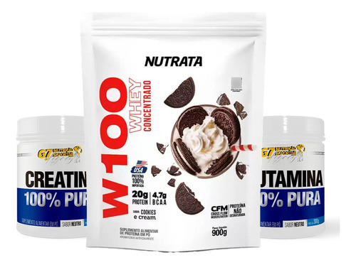 Kit W100 900g Nutrata + Glutamina Pura E Creatina Pura 300g 