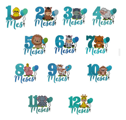 12 Matrices P/ Maquinas De Bordar Meses Infantiles / Safari