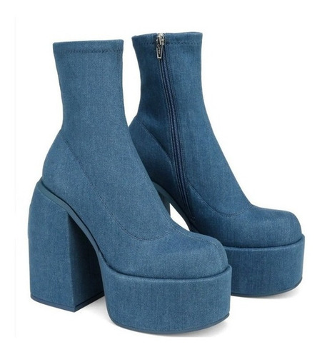 Botines Mujer Moda Plataforma Botas Tacón Alto Azul Vaquero