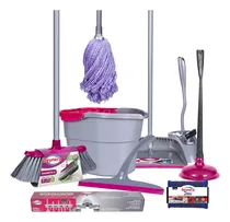 Comprar Kit Soluciones De Limpieza Hogar: Mop Microfibra, Cubeta Con Exprimidor, Escoba, Recogedor con Peine Quita Pelusa, Limpiaventanas, Cepillo Sanitario, Bomba, Colgador de Escobas, Fibra Extreme Reynera