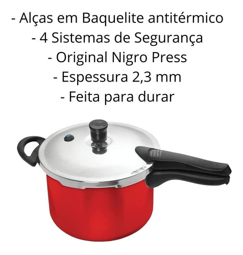 Imagem 3 de 6 de Panela De Pressão 4,5 Litros Cozinha Original Nigro Vermelha