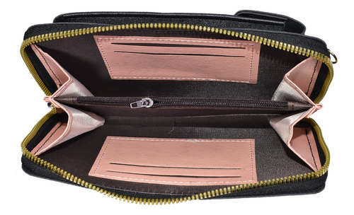 Cartera Bandolera Portacelular Tresher En Ecocuero Negro Lisa Dorado Negro