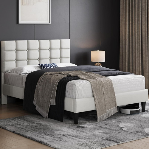 Base De Cama Tapizada Yaheetech Matrimonial Beige