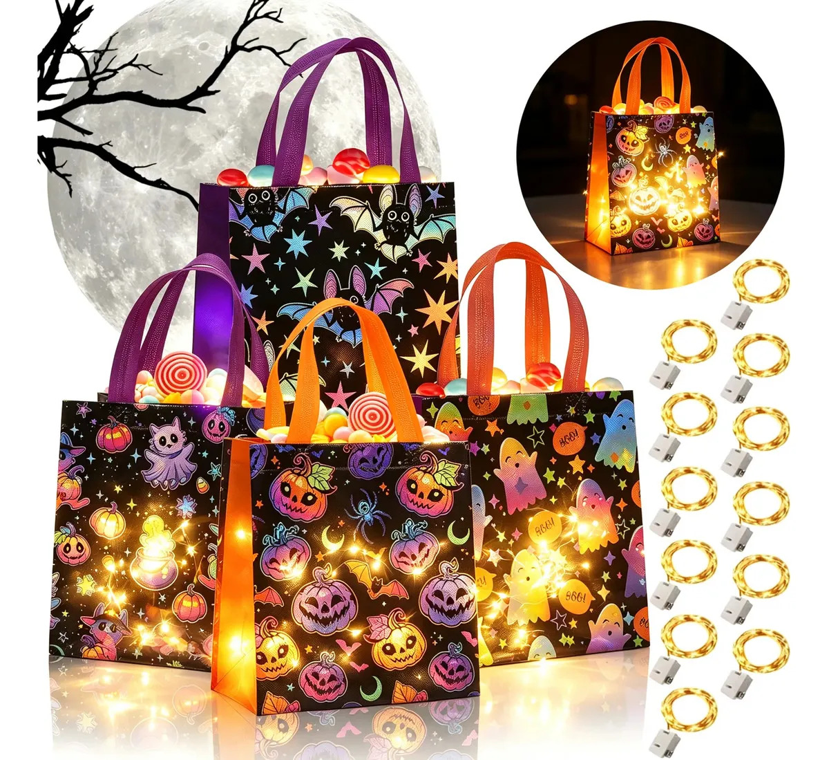 Pack de 12 Bolsas Ecológicas para Dulces y Regalo con Luces LED para Halloween