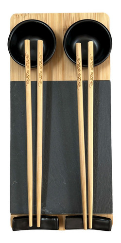 Set Sushi Piedra Laja Negra X2 Con Dips Y Base Bambú