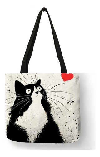 Bolsa De Compras Con Diseño De Gato Para Mujer, Bolso De Lin