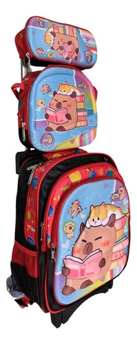 Mochila Primaria Capibara Para Niña Y Niño Con Llantas. Combo 3 Piezas Con Lonchera Y Lapicera