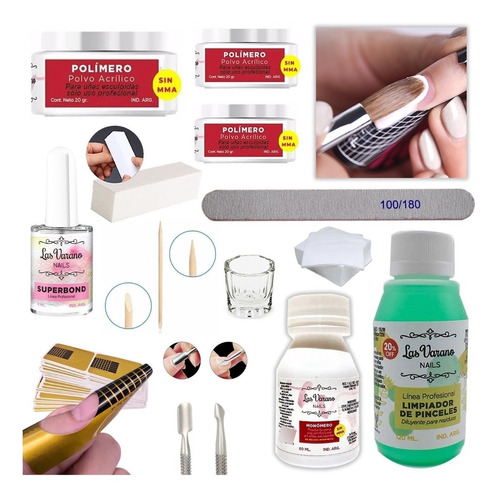 Kit Full Para Uñas Acrílicas Polímero Monómero Moldes Pincel