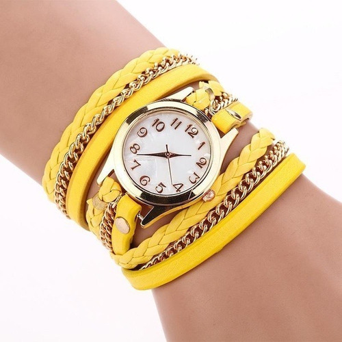 Relógio Fem. Quartz Pulseira Tripla Amarelo + Brinde