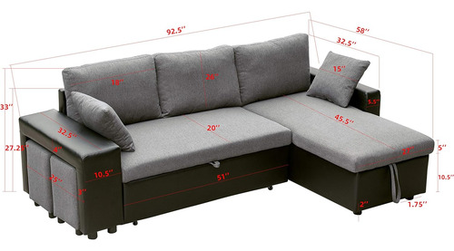Biadnbz Sofá Modular Convertible De 92.5 Pulgadas De Lino En