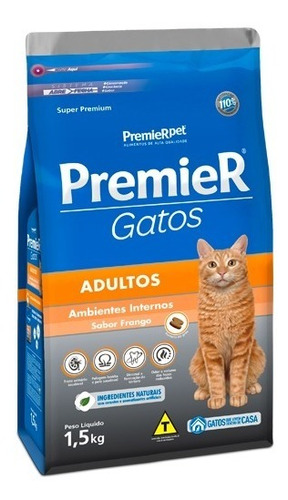 Premier Gato Adultos Sabor Frango Ambientes Internos 1,5kg